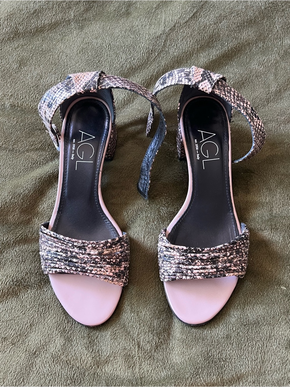 AGL- Snake-Print Ankle-Strap Block Heels- EU 36.5